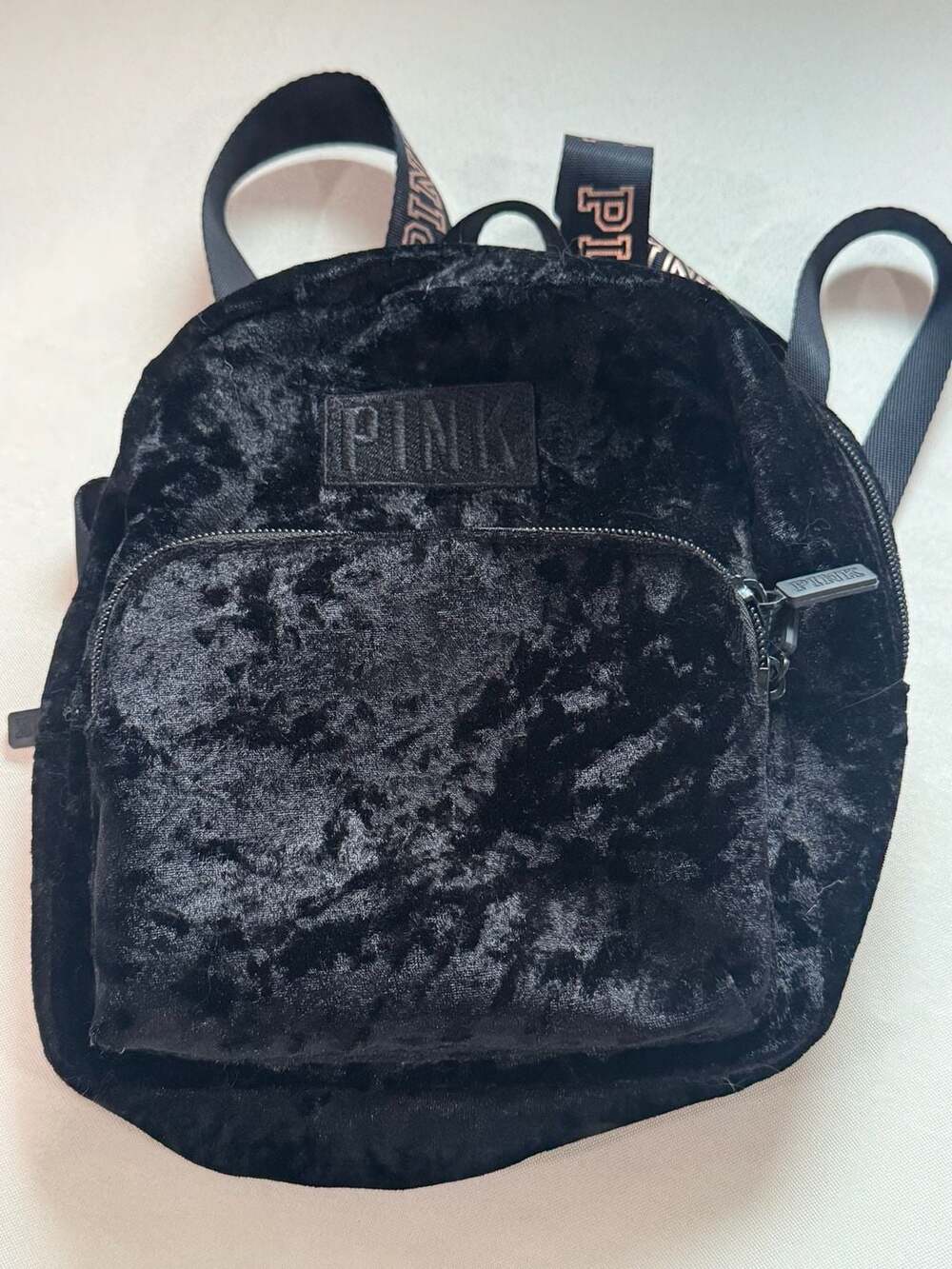 PINK Crushed Velvet Mini Backpack Y2K Logo Strap Black Campus Bag